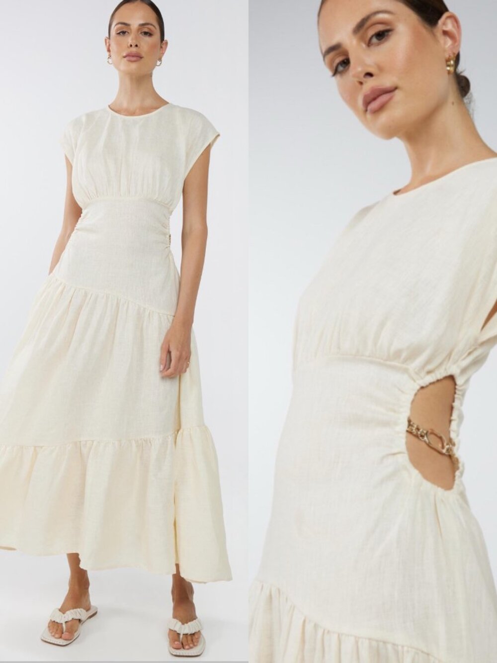 AERE Cut-Out Chain Detail Tiered Linen Midi Dress in Cream